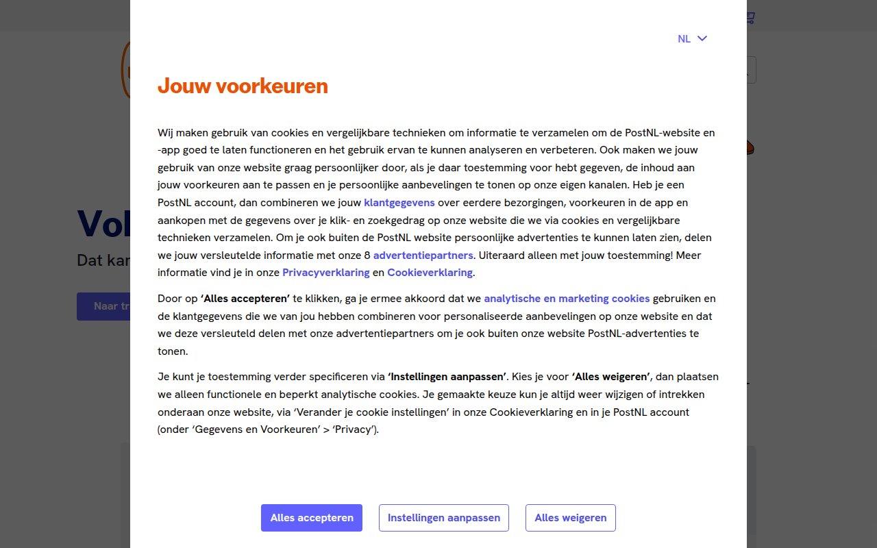 Screenshot van postnl.nl