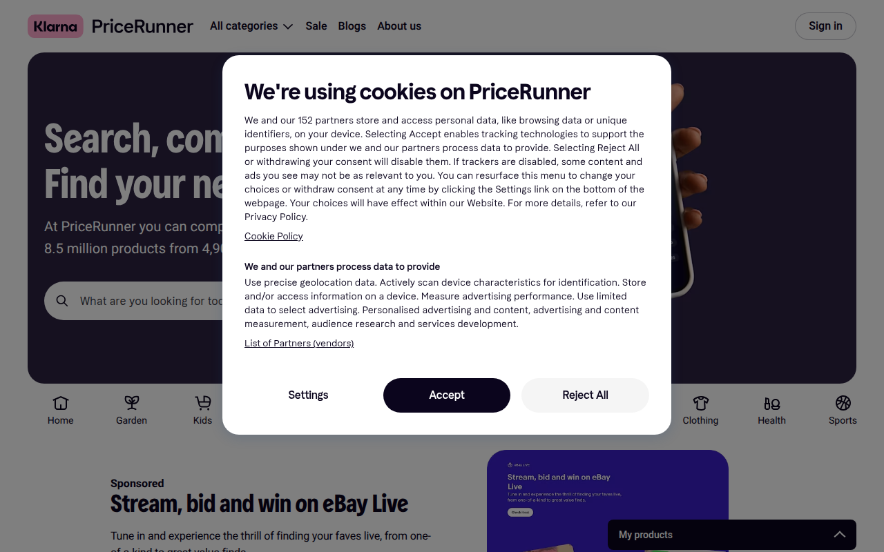 Screenshot van pricerunner.com