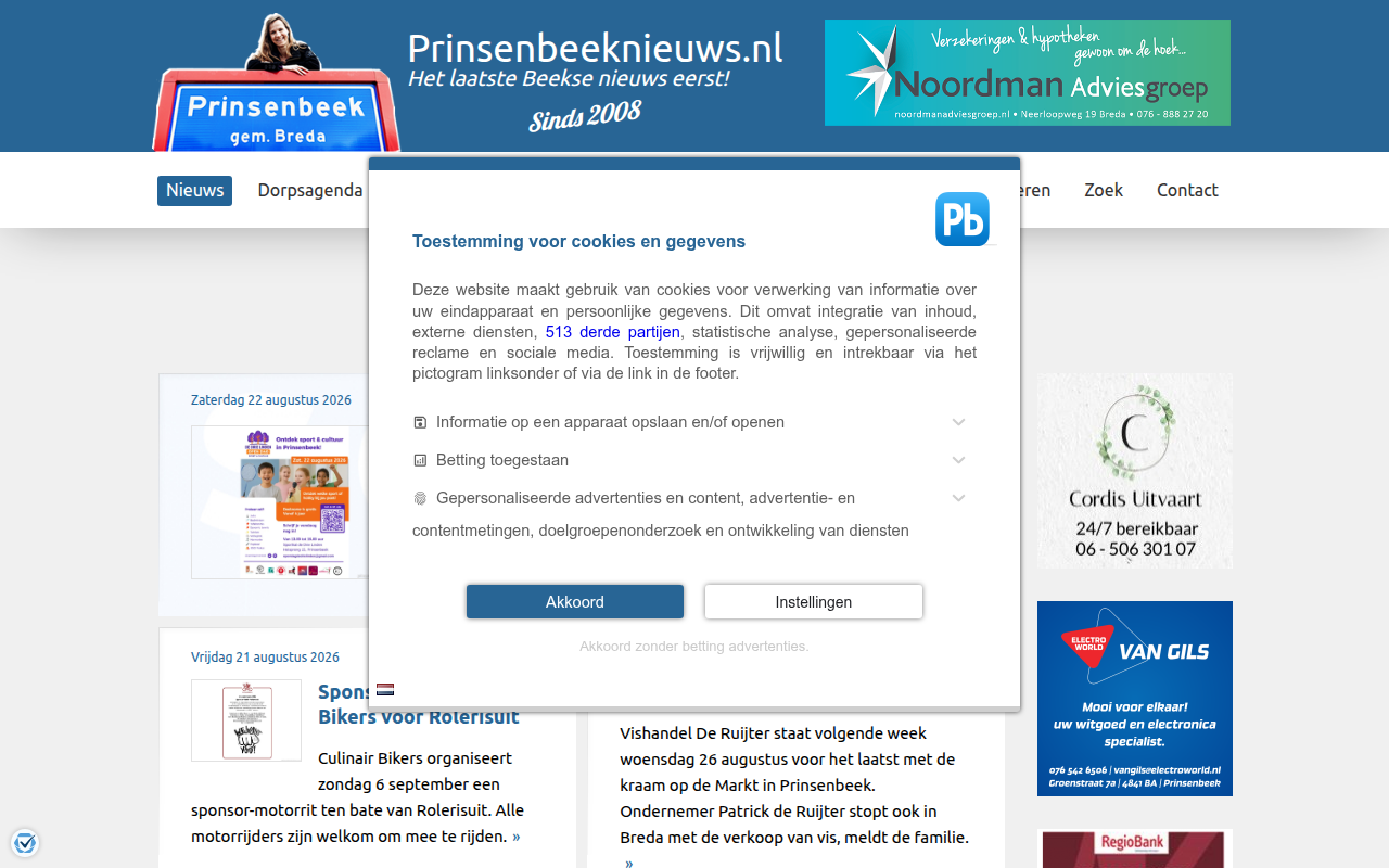 Screenshot van prinsenbeeknieuws.nl
