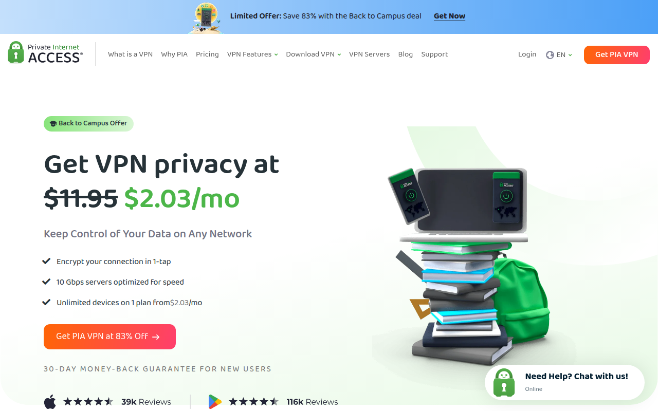 Screenshot van privateinternetaccess.com