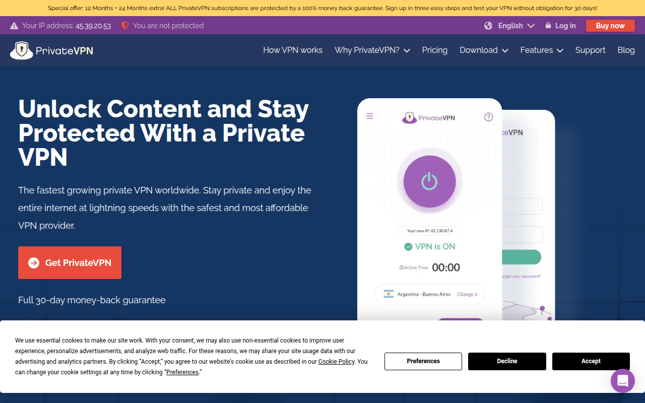 Screenshot van privatevpn.com
