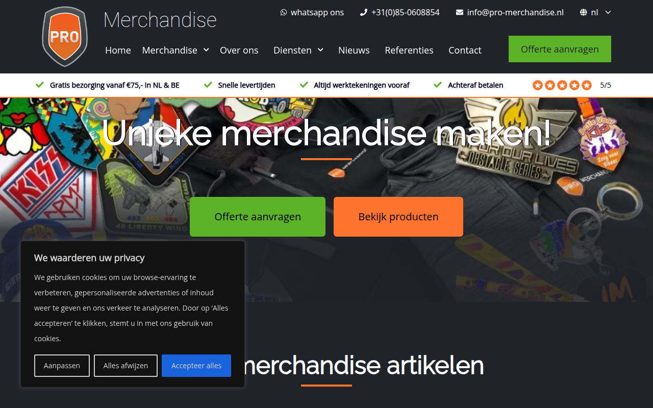 Screenshot van pro-merchandise.nl