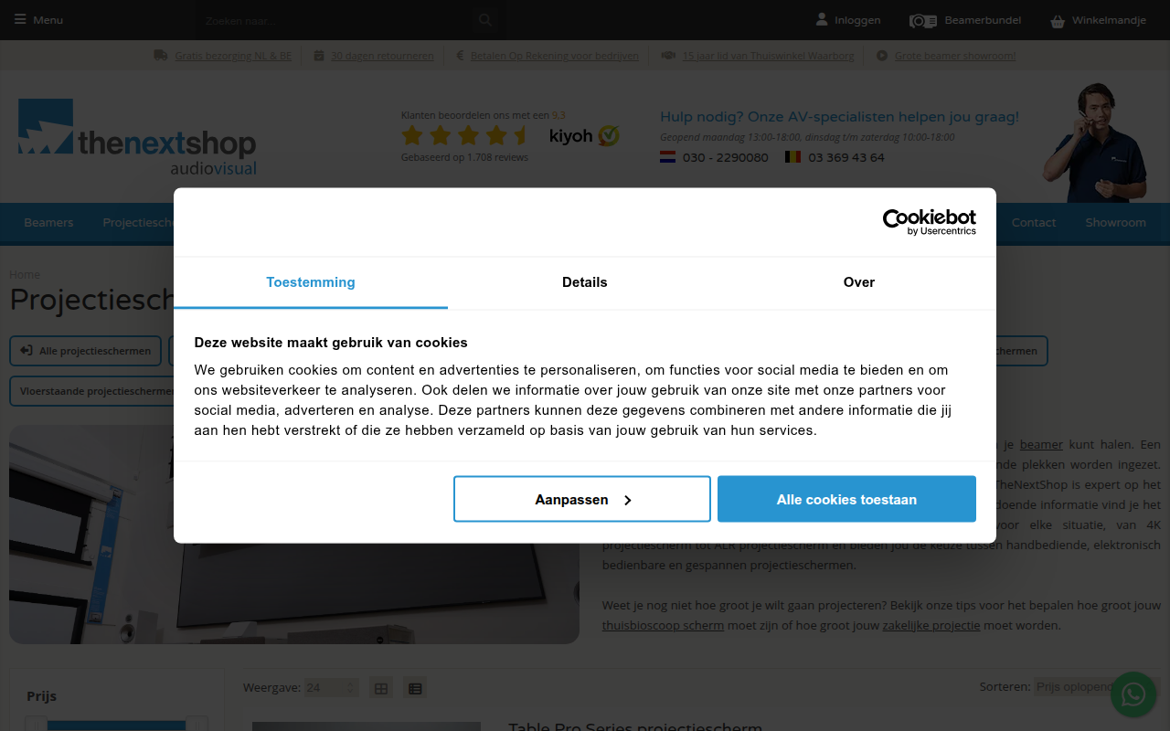 Screenshot van projectieschermen.com