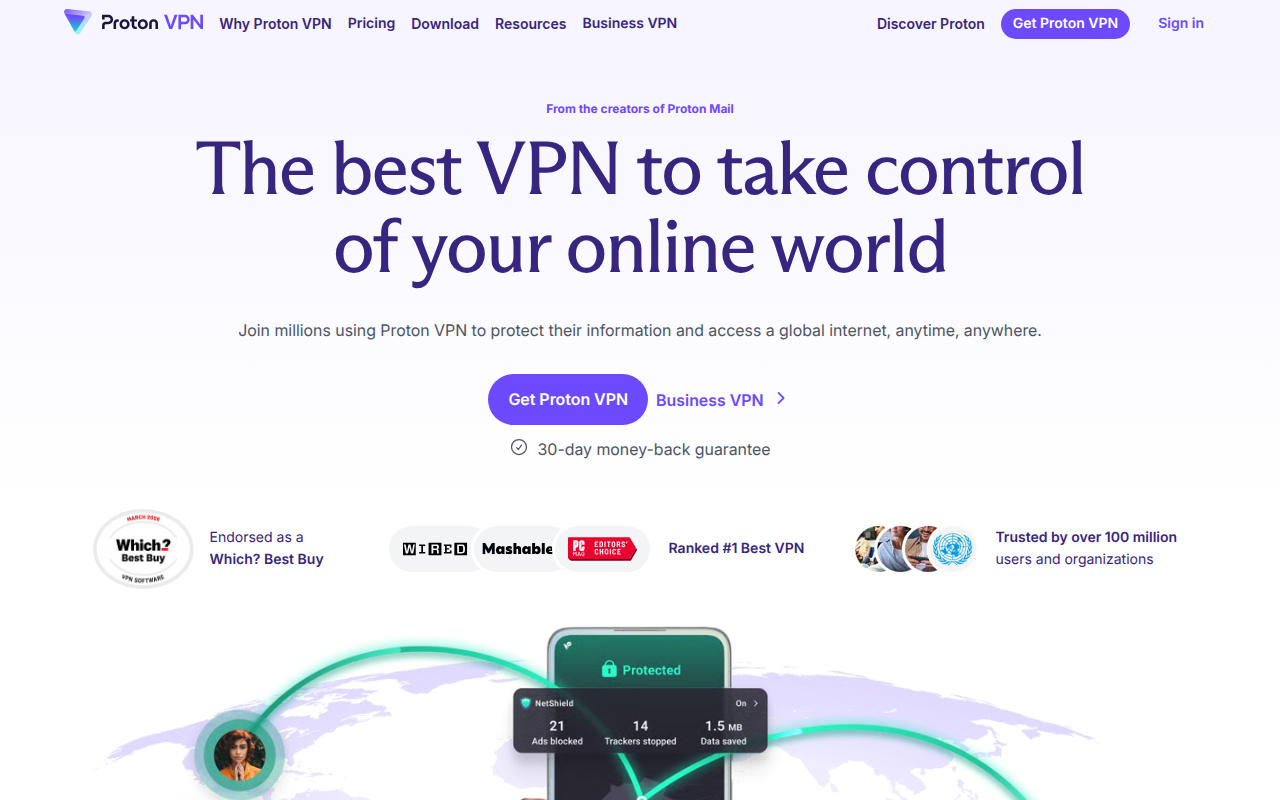 Screenshot van protonvpn.com