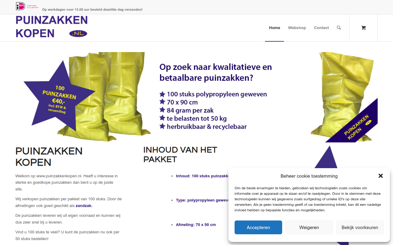 Screenshot van puinzakkenkopen.nl