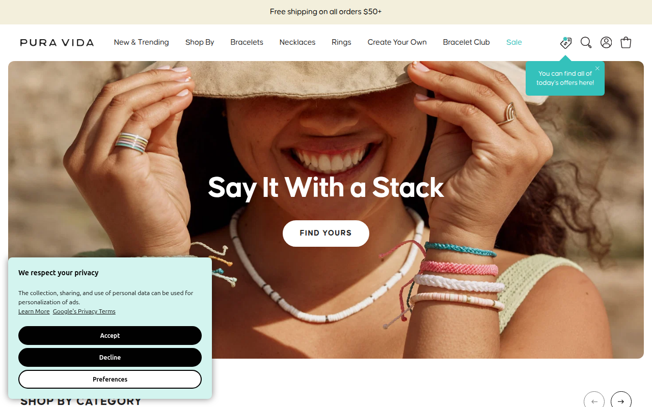 Screenshot van puravidabracelets.com