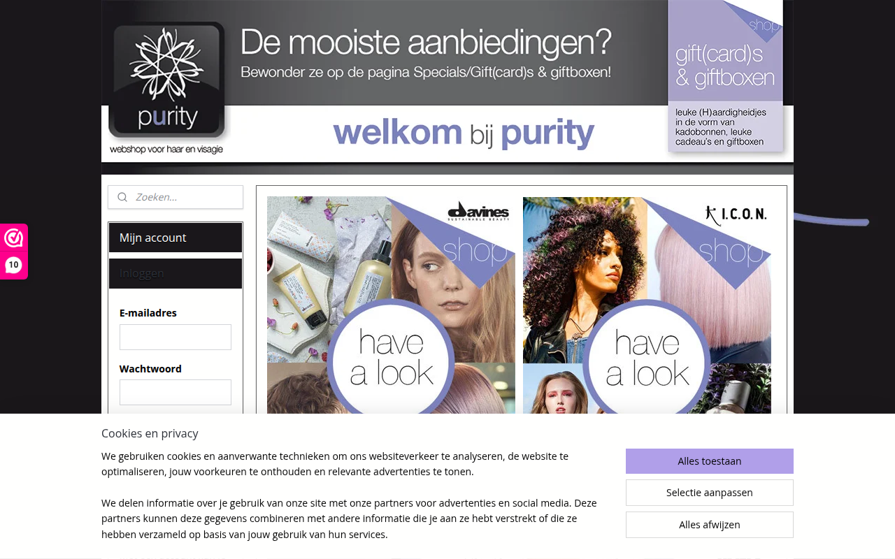 Screenshot van puritywebshop.nl