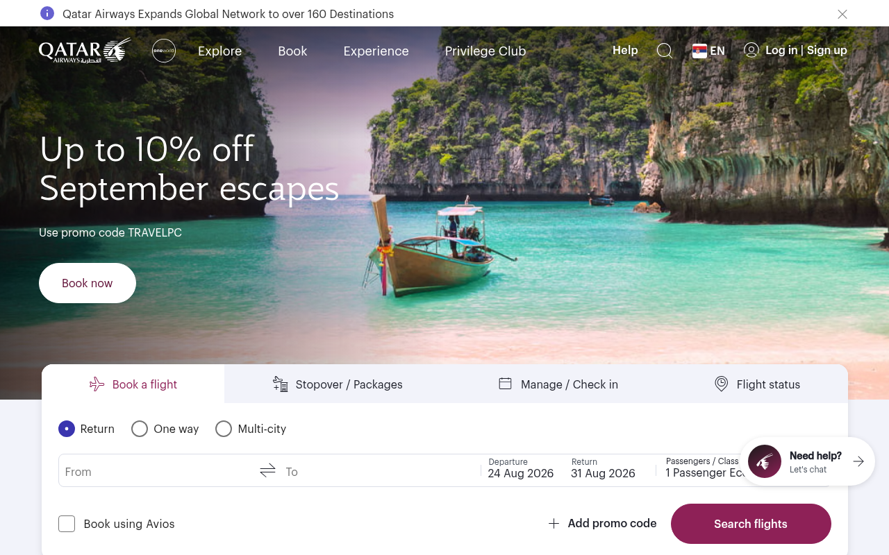 Screenshot van qatarairways.com