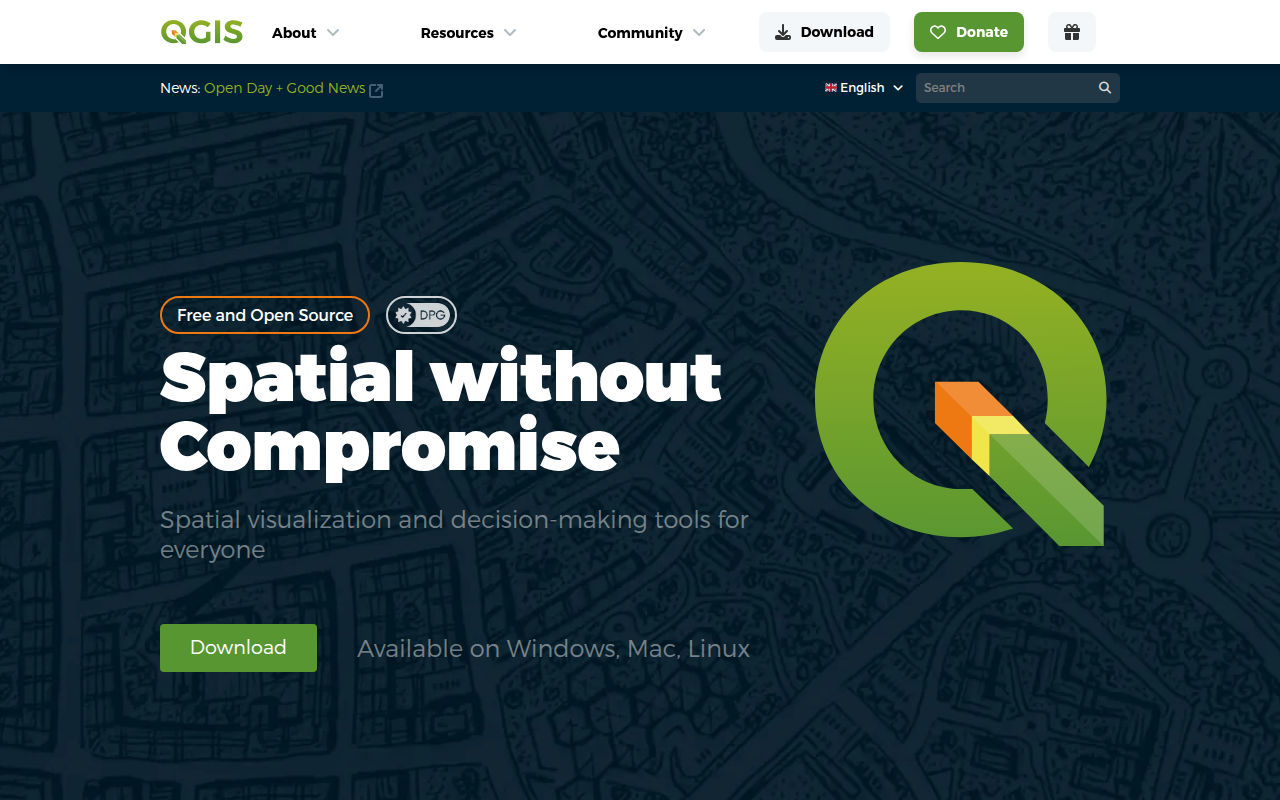 Screenshot van qgis.org