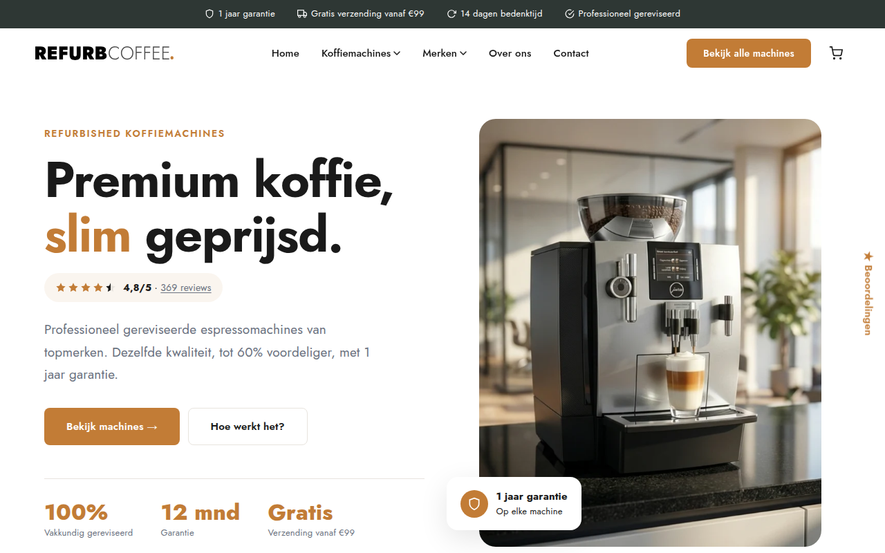 Screenshot van refurbcoffee.nl
