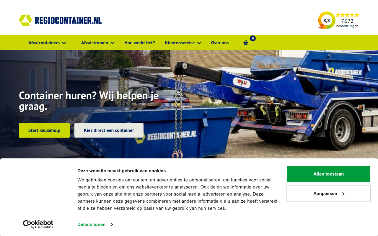 Screenshot van RegioContainer.nl