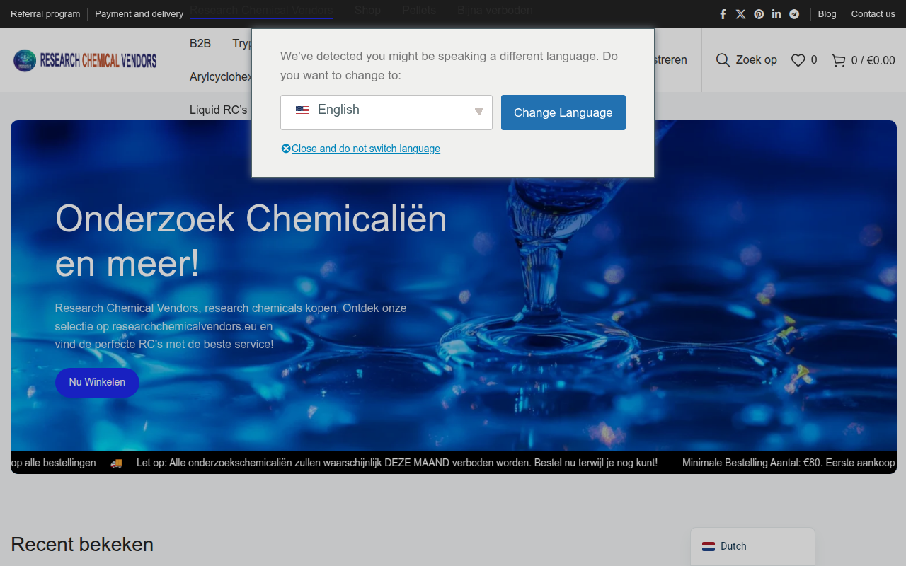 Screenshot van researchchemicalvendors.eu