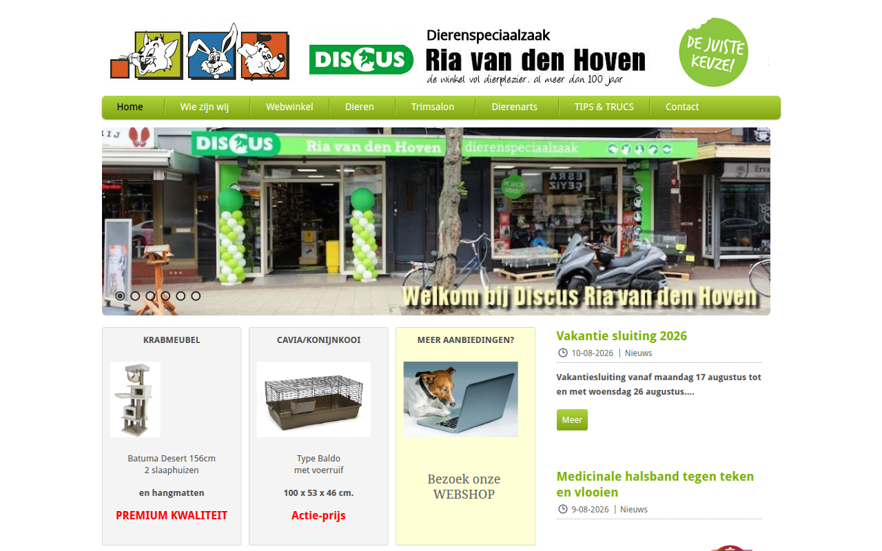 Screenshot van Dierenspeciaalzaak Discus Ria van den Hoven - Rotterdam - Home
