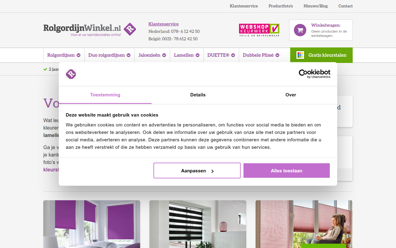 Screenshot van rolgordijnwinkel.nl