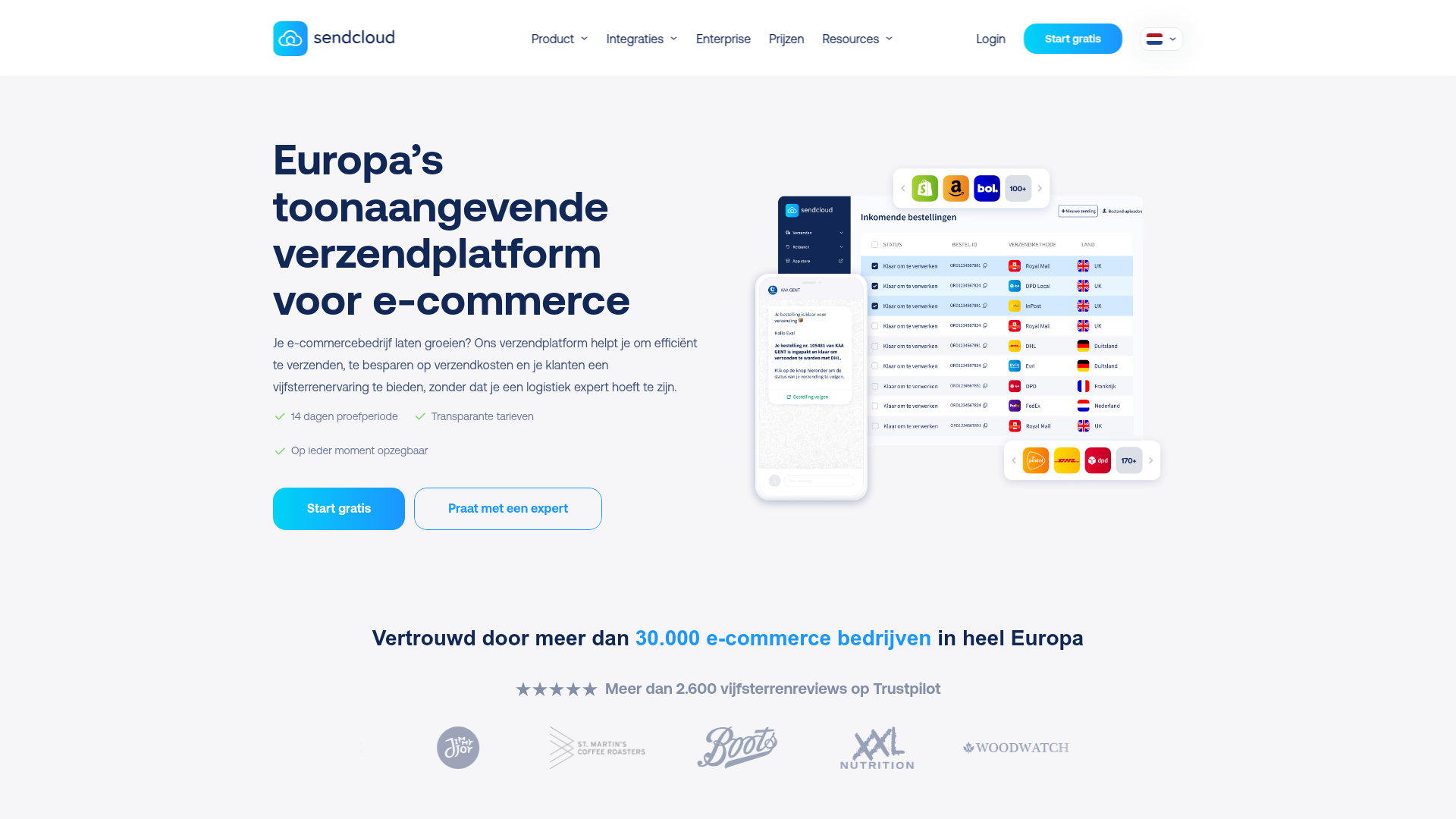 Screenshot van sendcloud.nl
