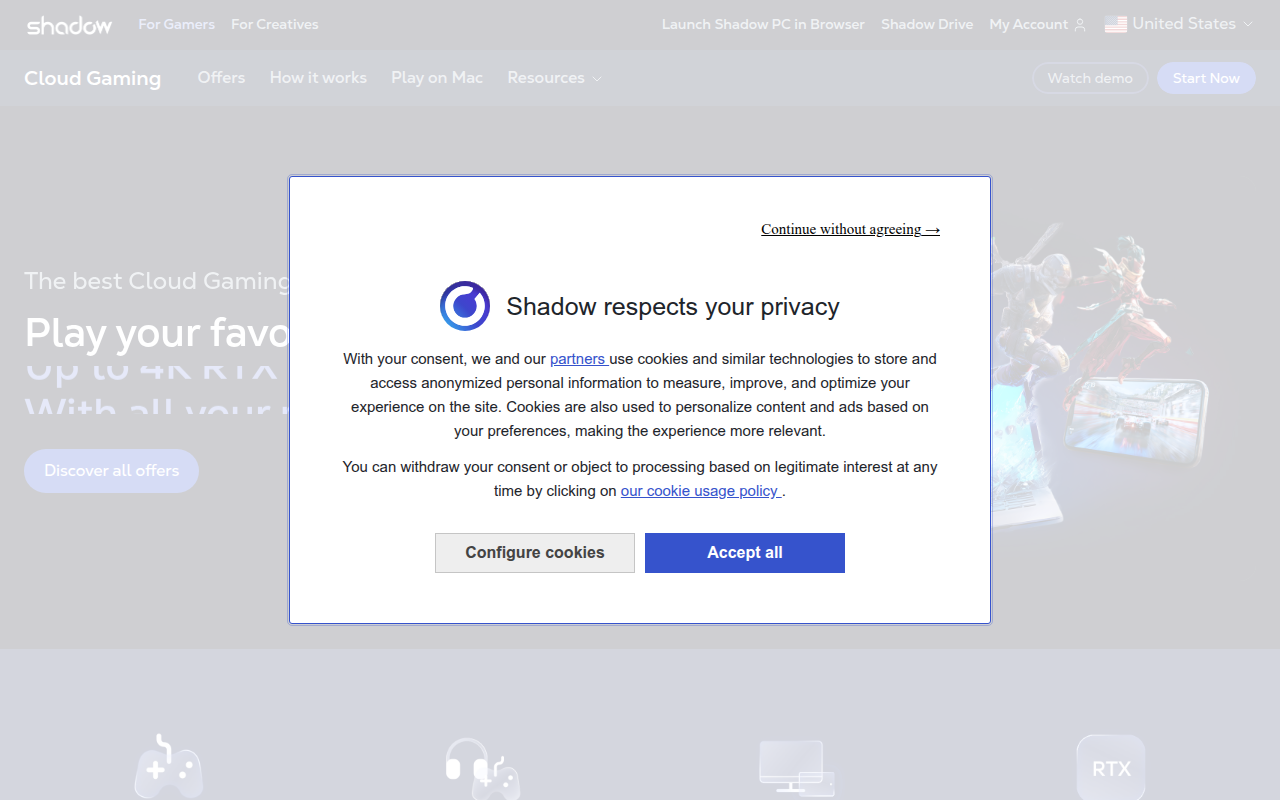 Screenshot van shadow.tech