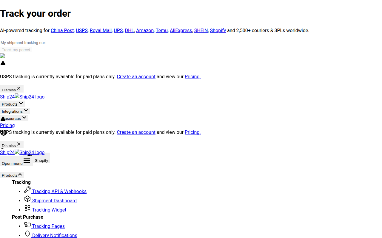 Screenshot van ship24.com
