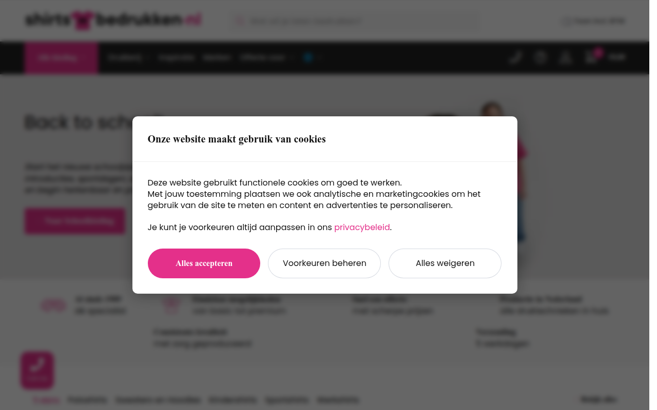 Screenshot van shirts-bedrukken.nl