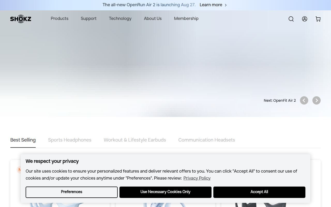 Screenshot van shokz.com