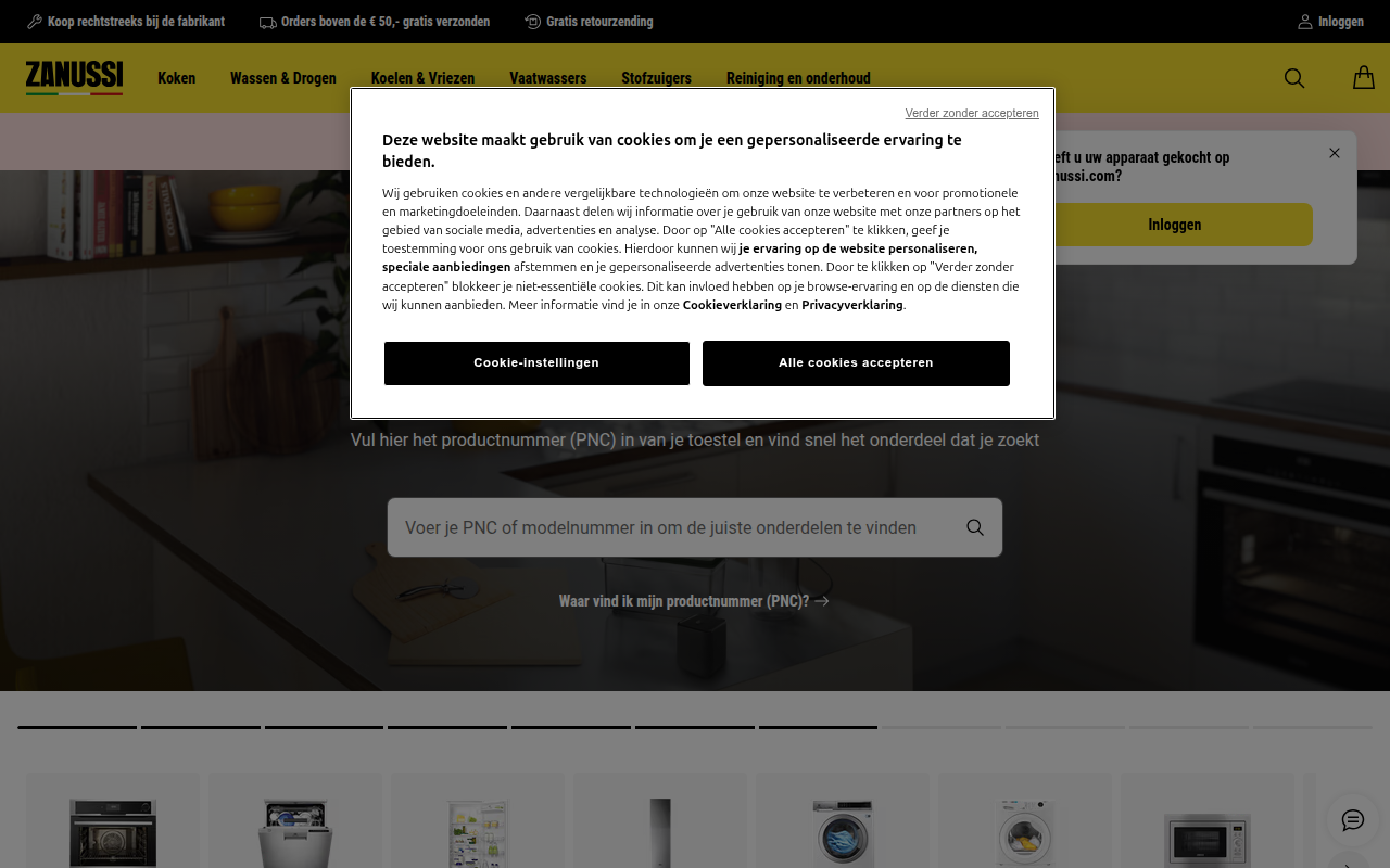 Screenshot van shop.zanussi.nl