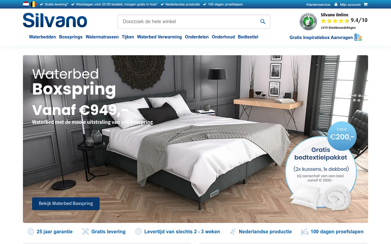 Screenshot van silvanowaterbedden.nl