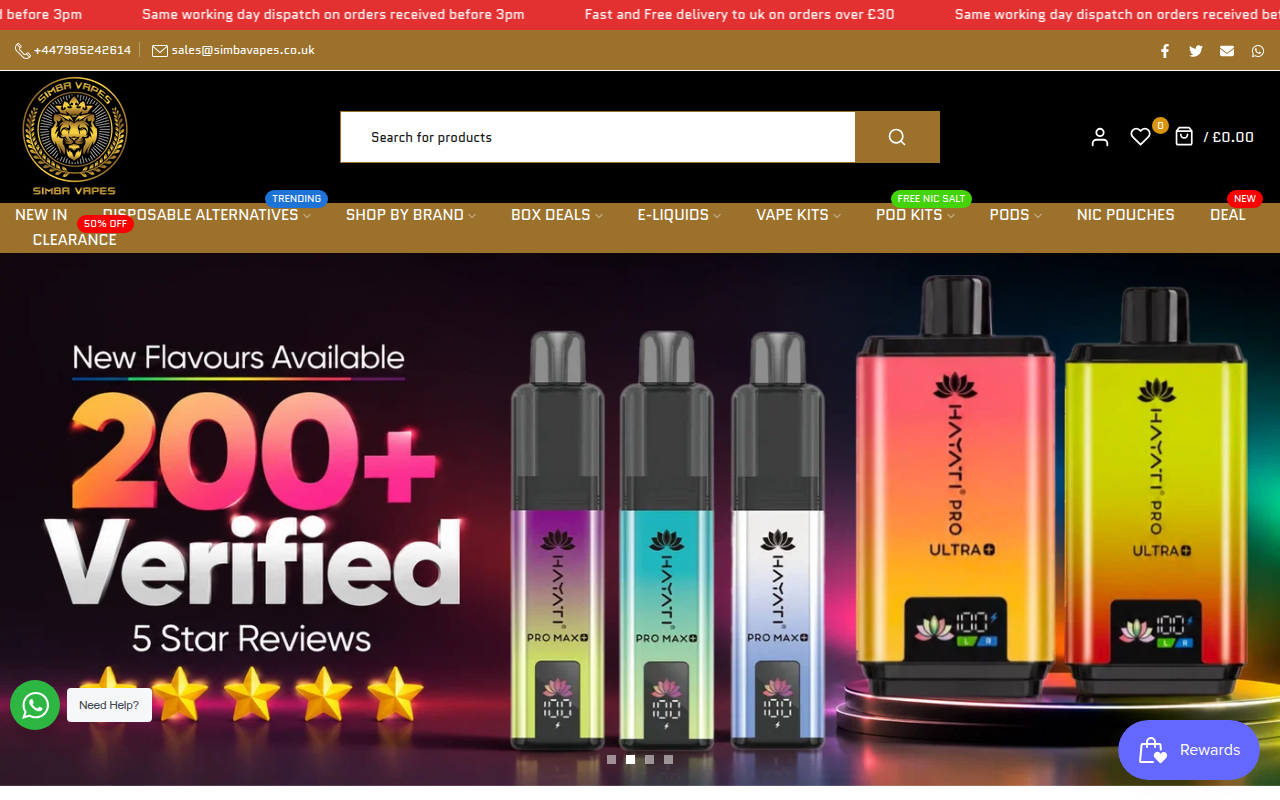 Screenshot van simbavapes.co.uk