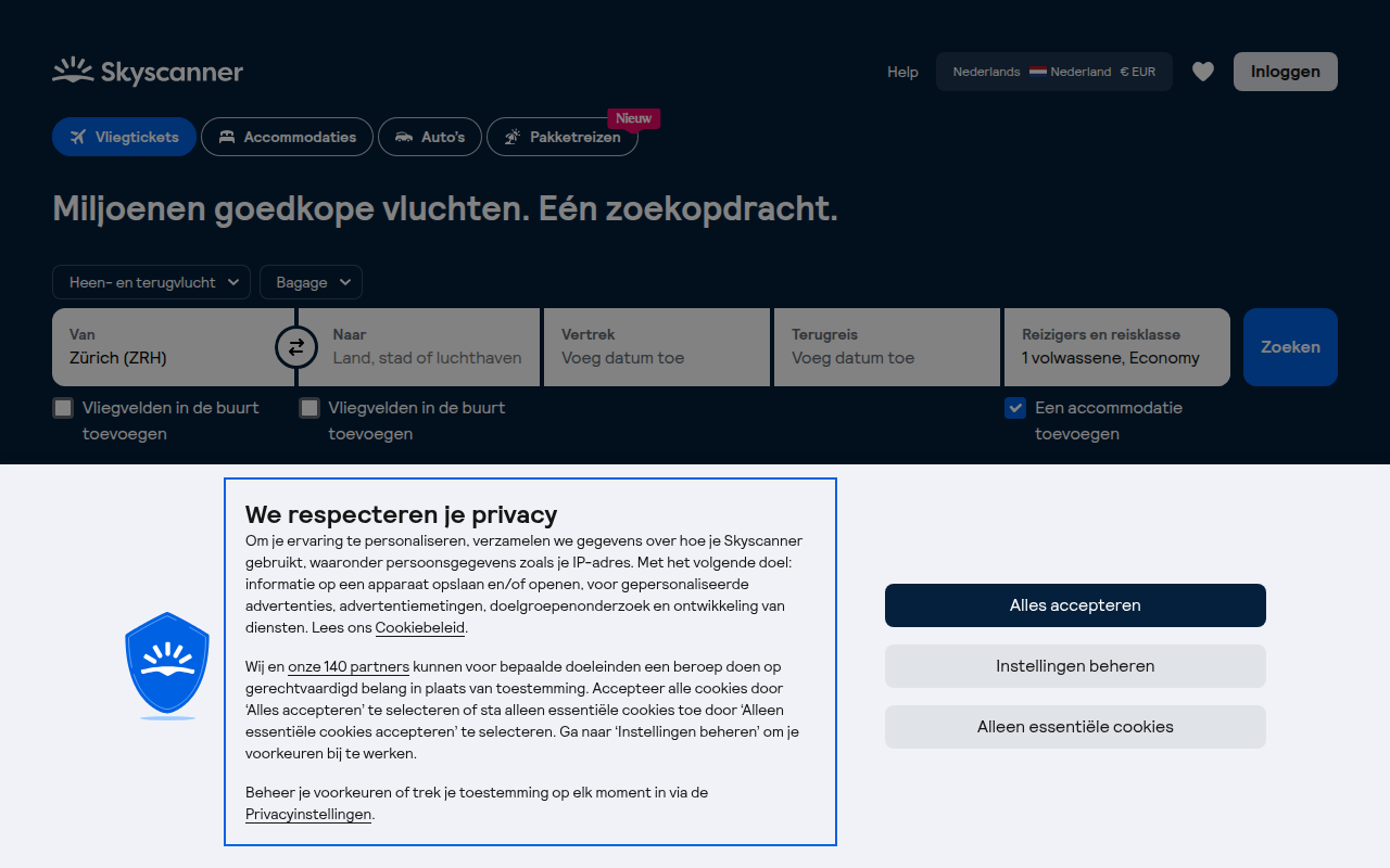 Screenshot van skyscanner.nl