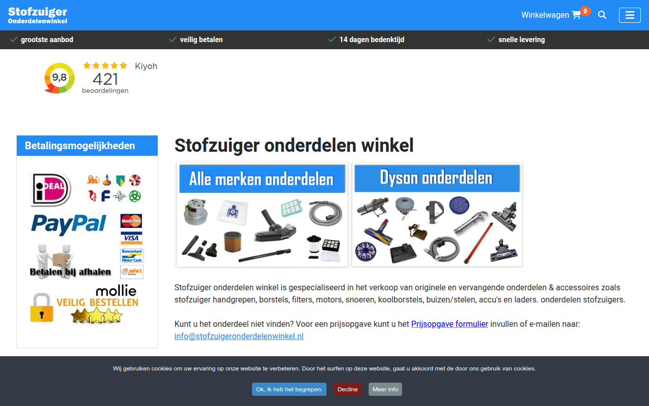 Screenshot van stofzuigeronderdelenwinkel.nl