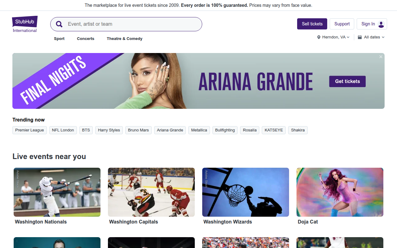 Screenshot van stubhub.ie