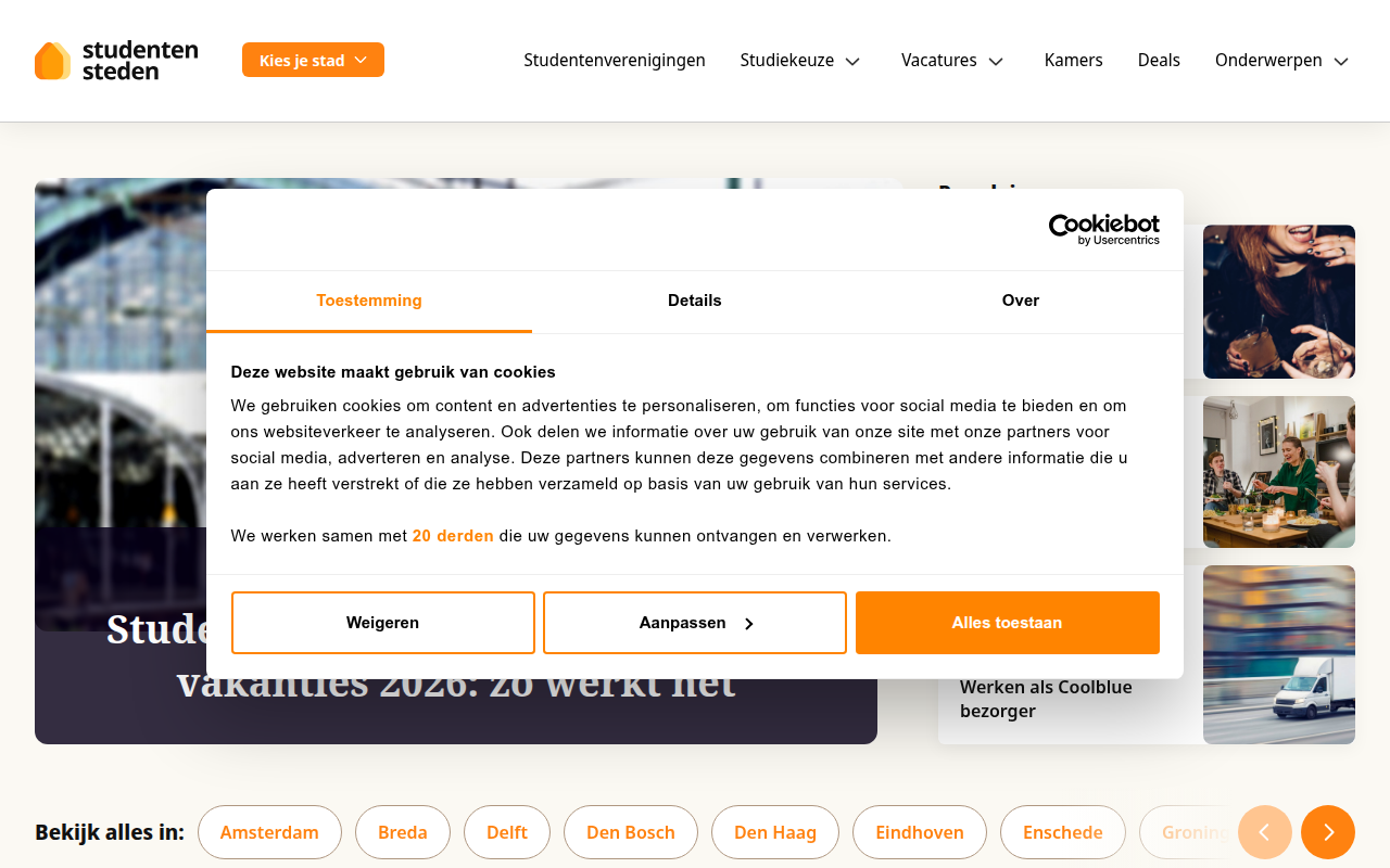 Screenshot van studentensteden.nl