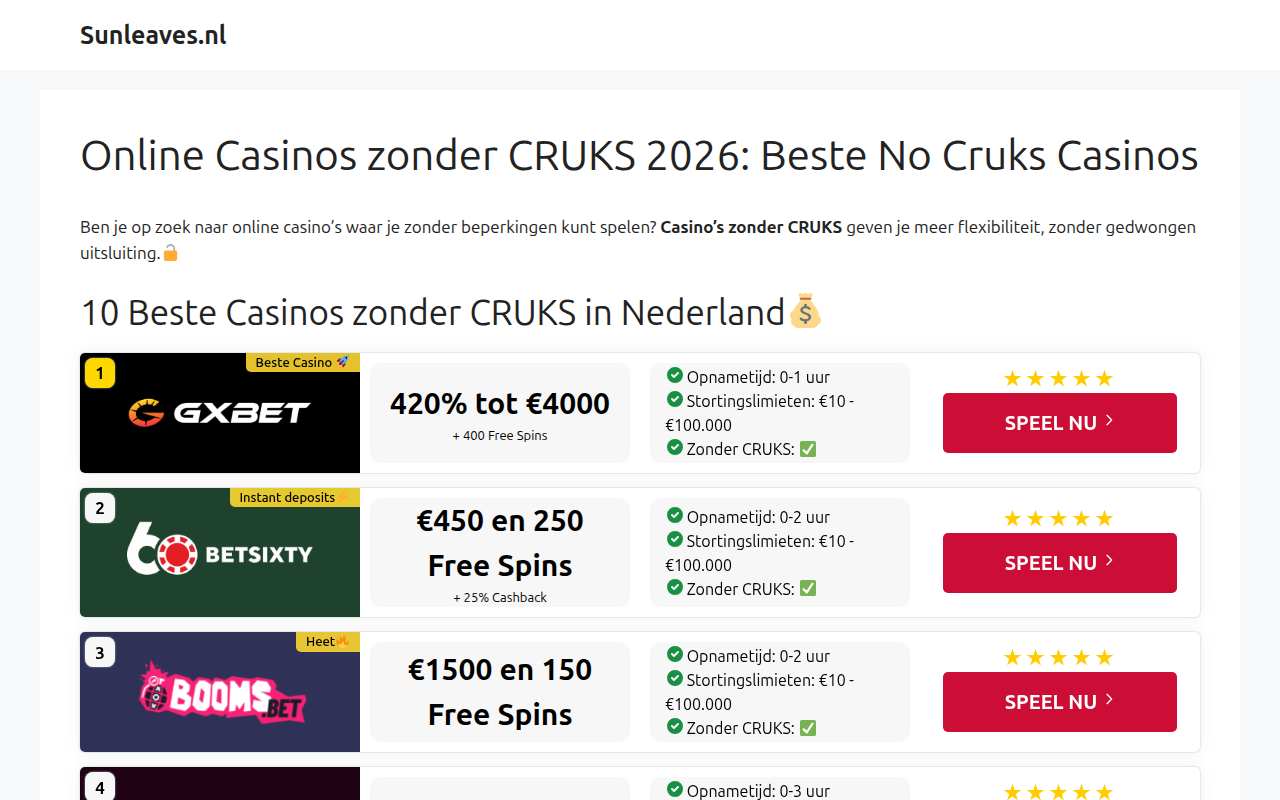 Screenshot van sunleaves.nl