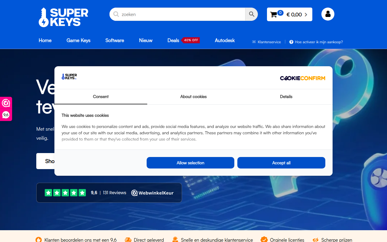 Screenshot van superkeys.nl