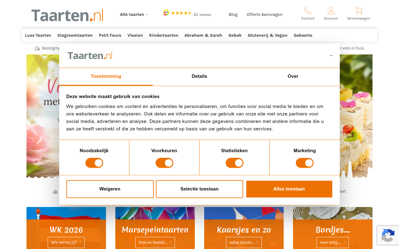 Screenshot van taarten.nl