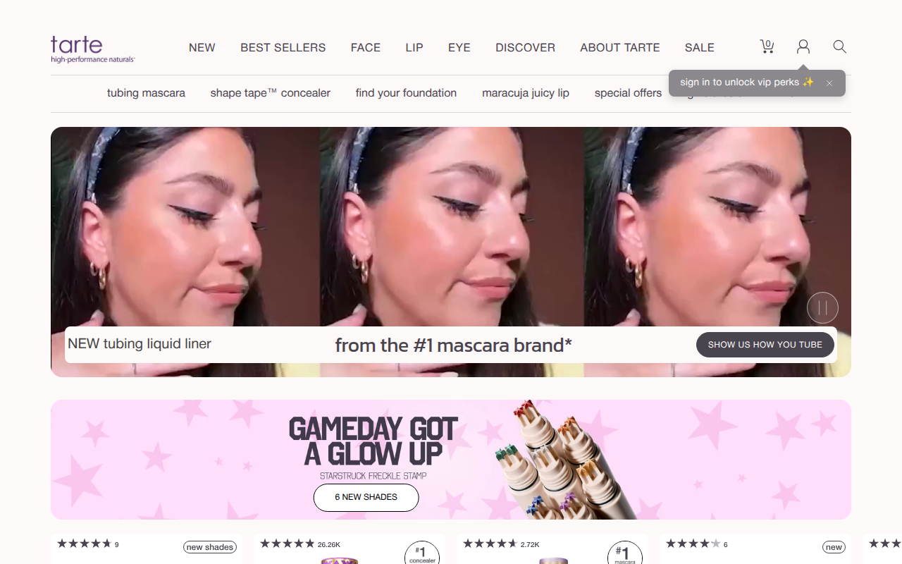Screenshot van tartecosmetics.com