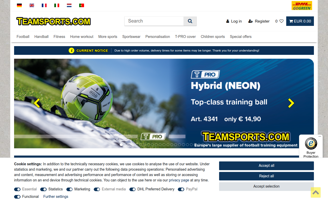 Screenshot van teamsports.com