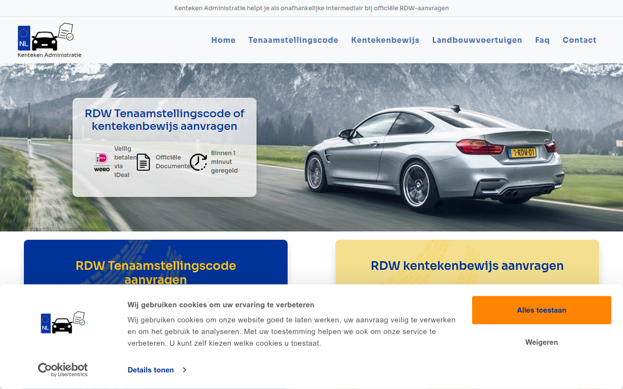 Screenshot van tenaamstellingscode-aanvragen.nl
