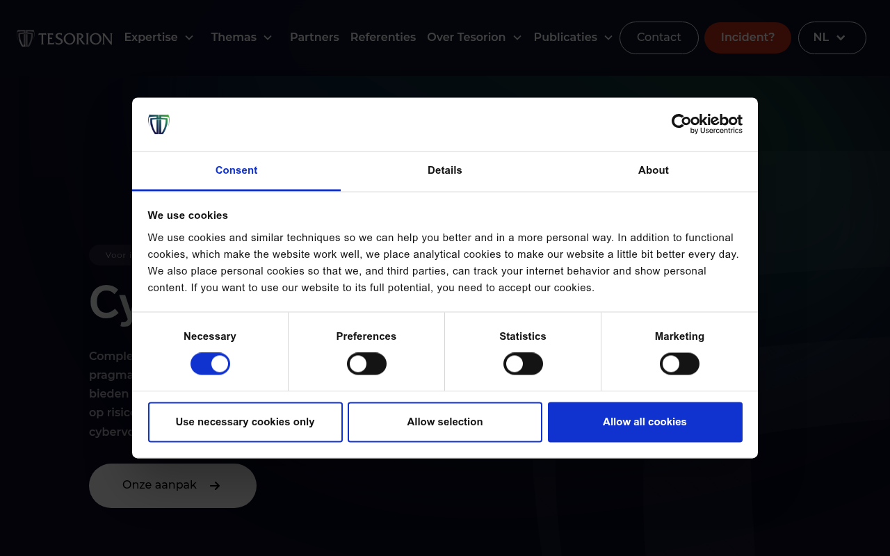 Screenshot van tesorion.nl