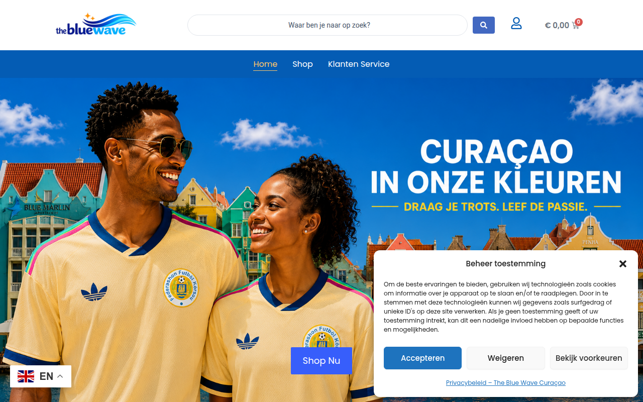 Screenshot van thebluewave-curacao.nl