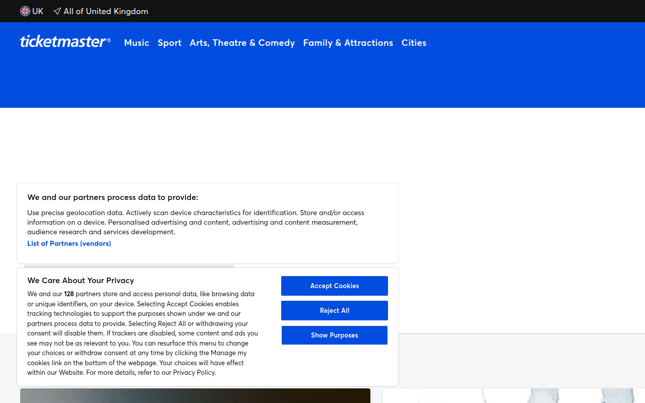 Screenshot van ticketmaster.co.uk