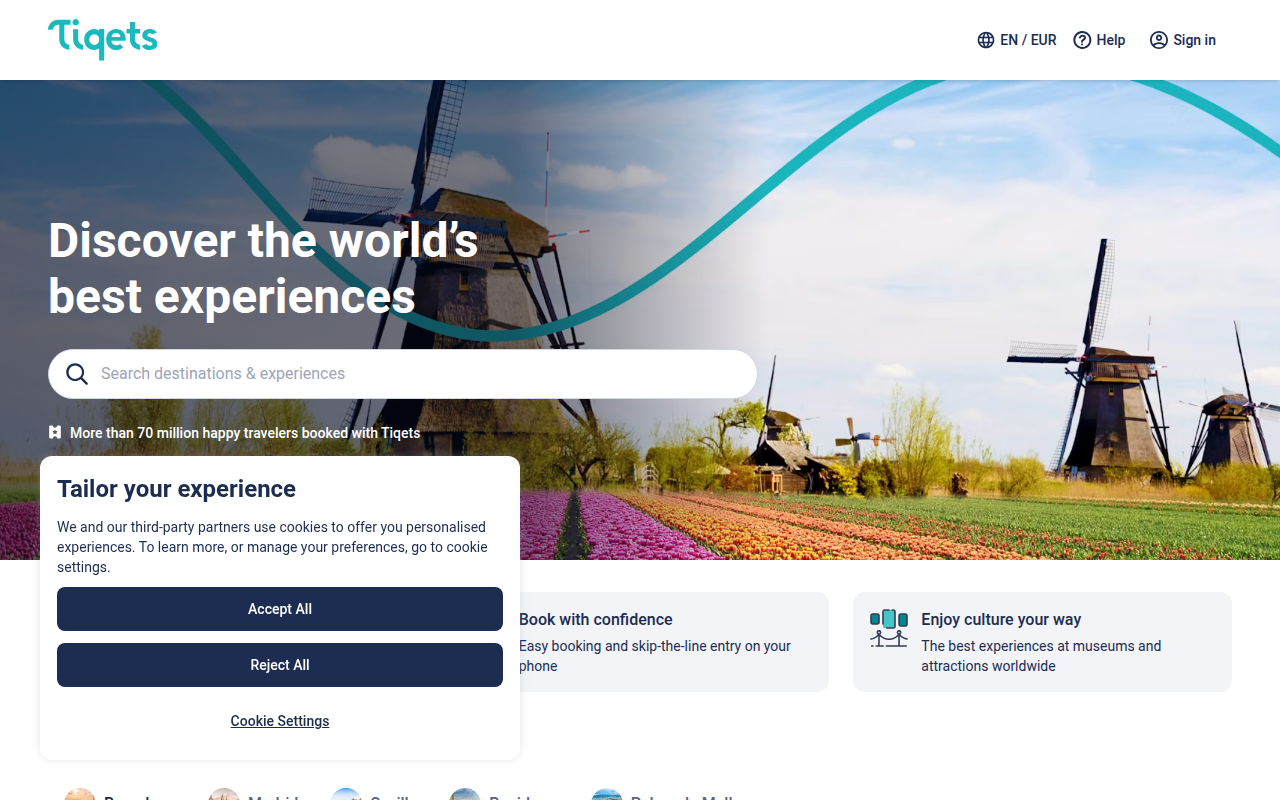 Screenshot van tiqets.com
