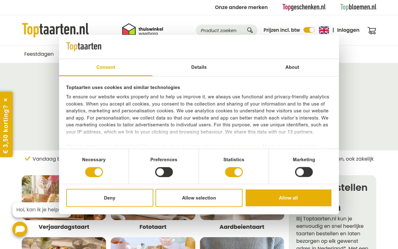 Screenshot van toptaarten.nl