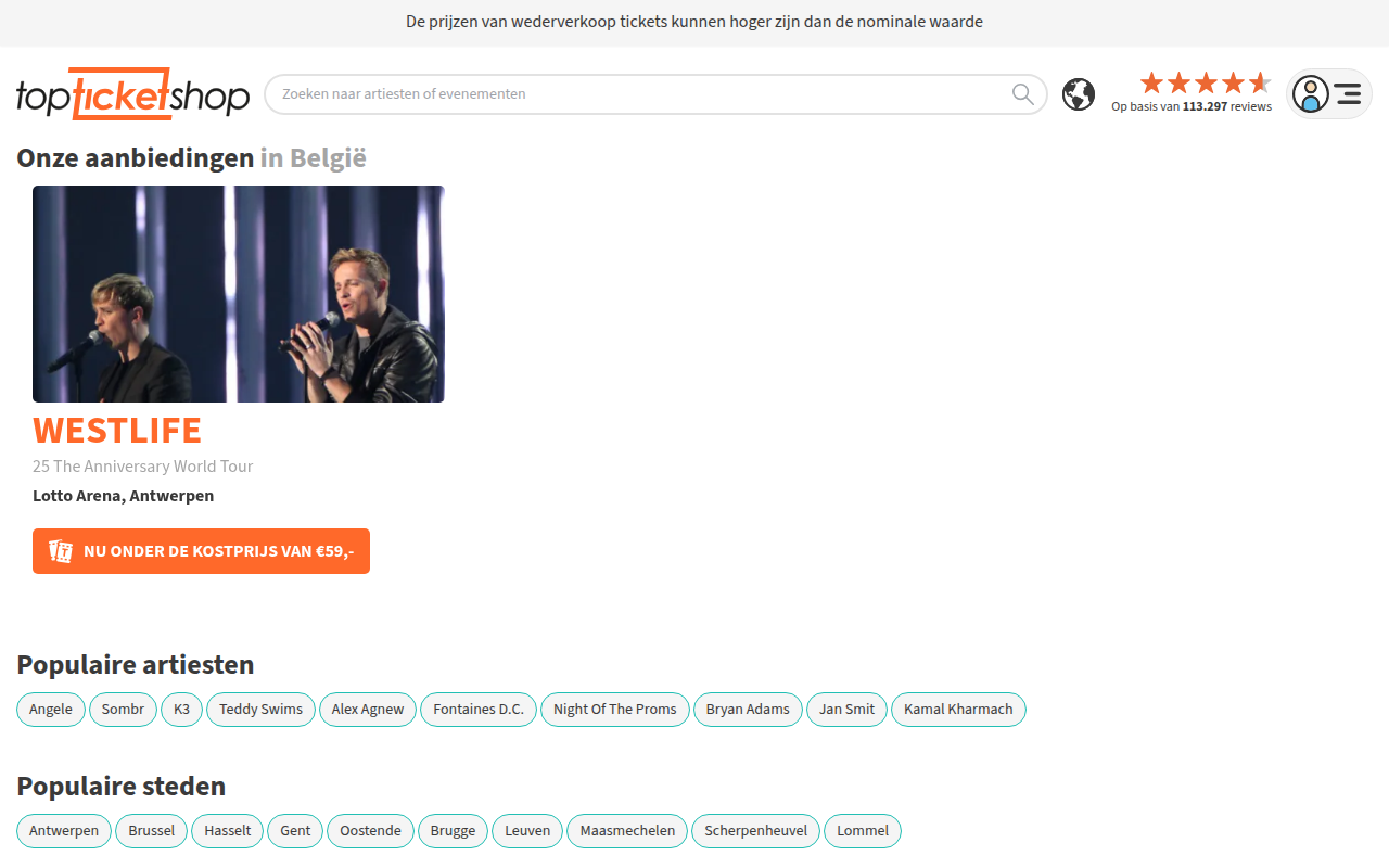 Screenshot van topticketshop.be