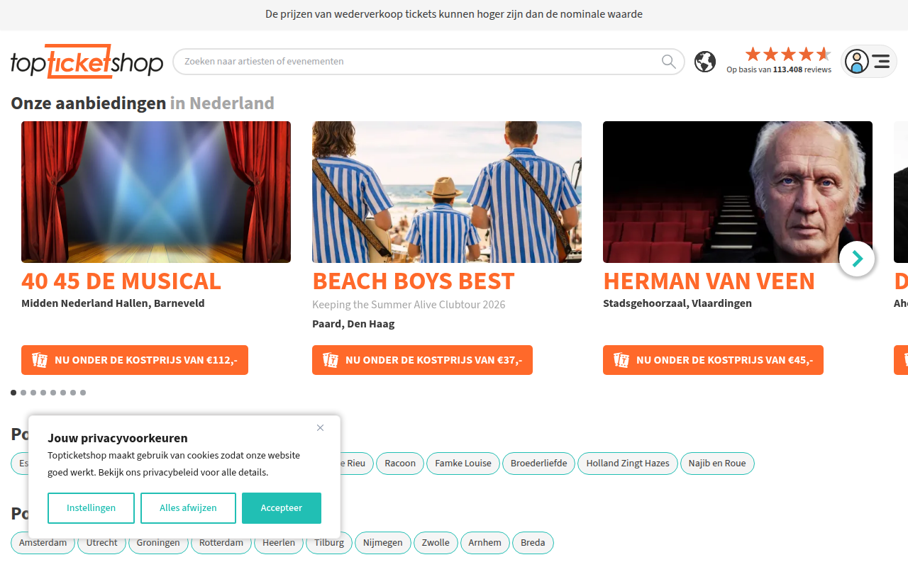 Screenshot van topticketshop.nl
