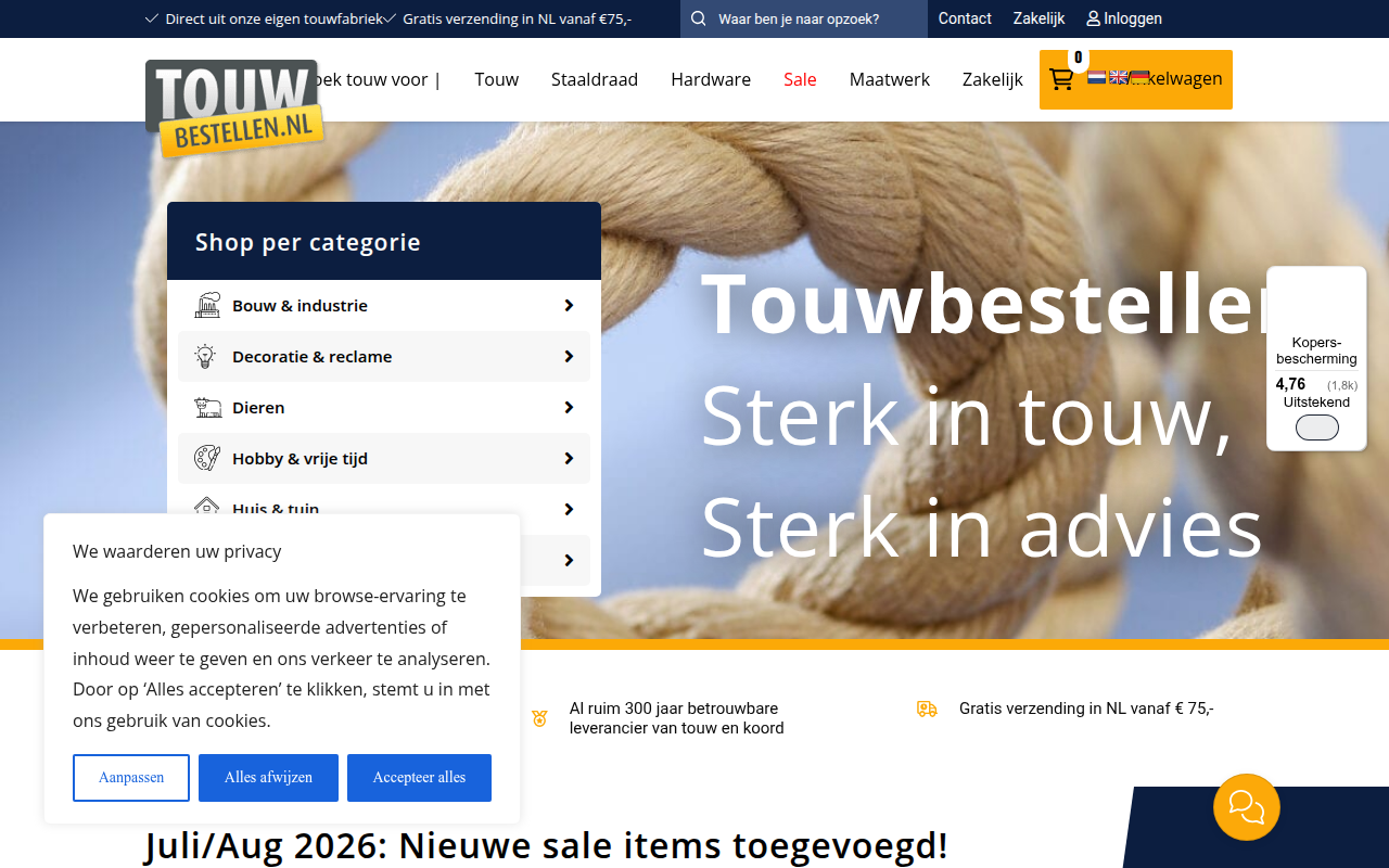 Screenshot van touwbestellen.nl