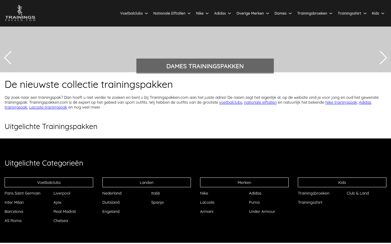 Screenshot van trainingspakken.com