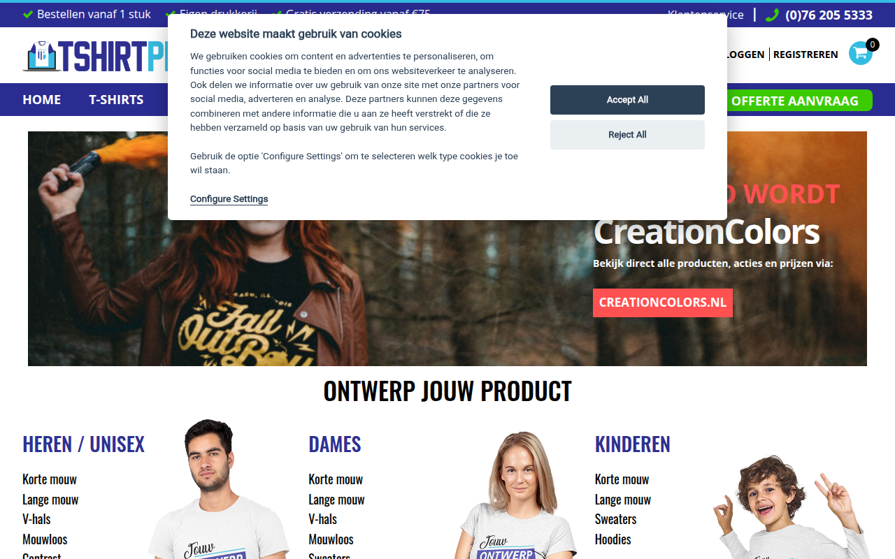 Screenshot van tshirtpro.nl