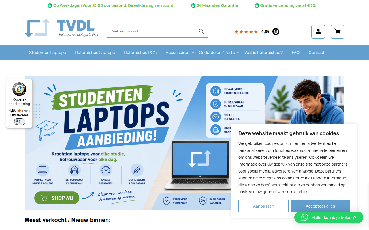 Screenshot van tvdlcomputers.nl