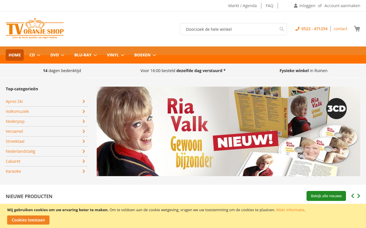 Screenshot van tvoranjeshop.nl