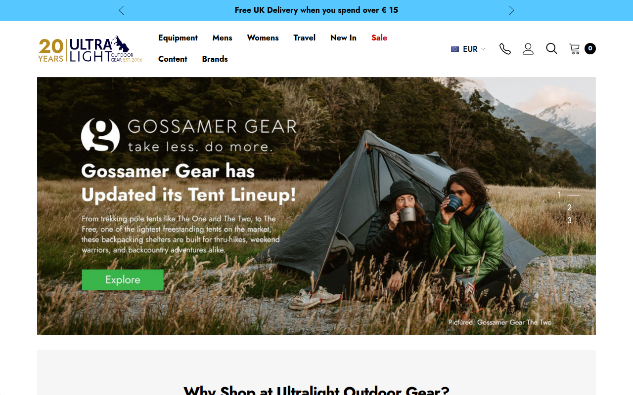 Screenshot van ultralightoutdoorgear.co.uk