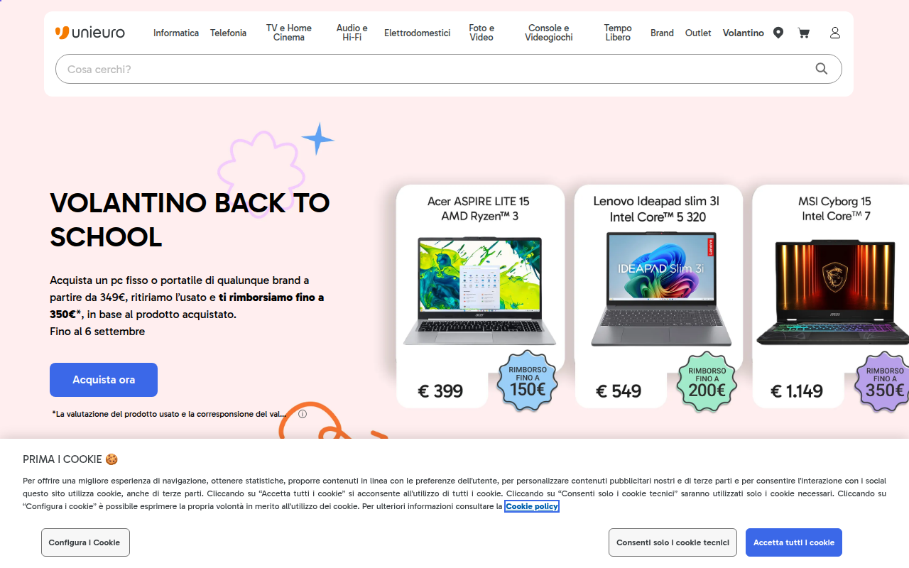 Screenshot van unieuro.it